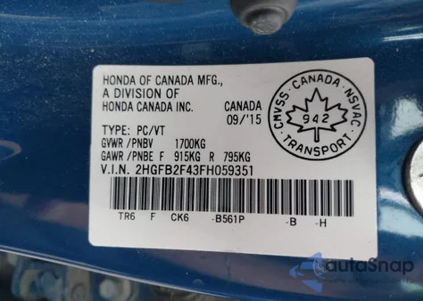 2015 Honda Civic Lx z USA, uszkodzony, nr VIN 2HGFB2F43FH059351